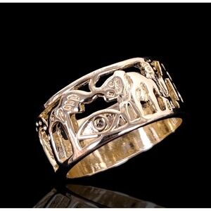 Laminated Gold Tone Statement Ring‎ with Cutout Elephant & Palm Tree Lucky Band